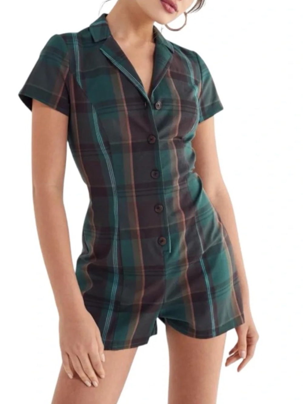 Urban Outfitters Sonata Plaid Button-Down Green Romper